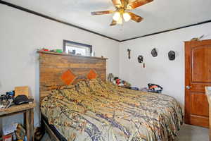 Bedroom with ceiling fan, carpet flooring, and crown molding