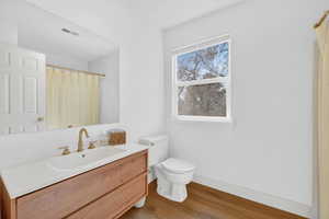 Full bathroom featuring vanity, a shower with shower curtain, and light wood-style flooring