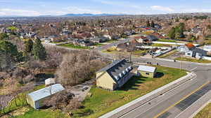 Aerial view of residential area with mountains