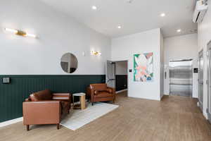 Building lobby with a wainscoted wall