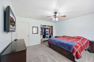 Bedroom with light colored carpet, ornamental molding, a ceiling fan, and a closet