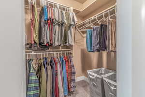 Walk in closet with light colored carpet