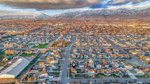 Aerial view of residential area featuring mountains