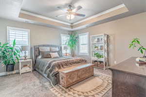 Bedroom featuring a raised ceiling, light carpet, multiple windows, a ceiling fan, and a textured ceiling
