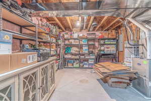 Storage area featuring gas water heater, electric panel, and heating unit