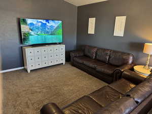 Living room featuring carpet and vaulted ceiling