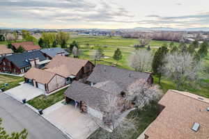 Aerial view of residential area with mountains
