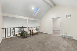 Living area featuring a skylight and carpet