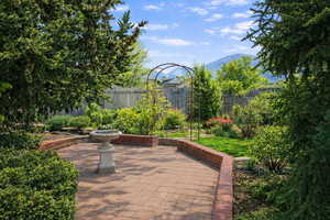 Fenced backyard with a mountain view and a patio