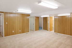 Finished basement featuring wooden walls and light colored carpet