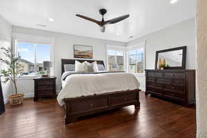 Bedroom featuring dark wood-style flooring and ceiling fan