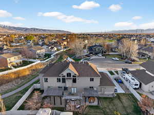 Aerial perspective of suburban area featuring mountains