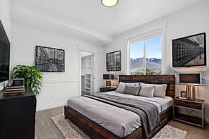 Carpeted bedroom with a spacious closet and a mountain view