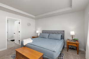 Bedroom with a tray ceiling and light carpet