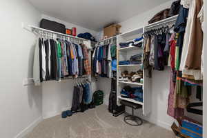 Walk in closet featuring light colored carpet