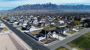 Aerial view of residential area with mountains