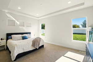 Large primary bedroom with a tray ceiling, carpet floors, multiple windows, and recessed lighting