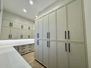 Walk in closet with light wood finished floors