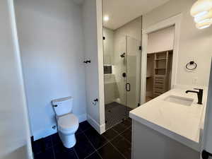 Full bathroom with vanity, a stall shower, dark tile patterned flooring, and a spacious closet