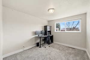 Office featuring light carpet and baseboards