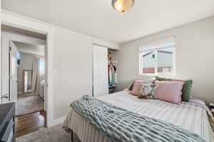 Carpeted bedroom featuring a closet, multiple windows, and wood finished floors