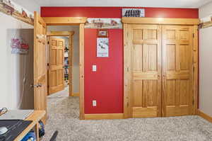 Bedroom with light carpet and a closet