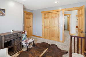 Bedroom featuring a closet and light carpet