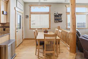 Dining space featuring light wood-style flooring and healthy amount of natural light