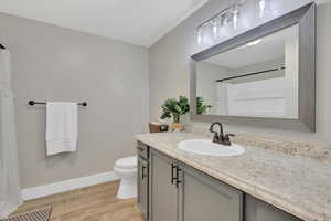 Bathroom with vanity, light wood-style flooring, and curtained shower