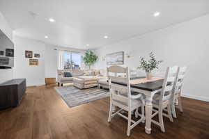 Large dining area fits up to 72" of table and seating space.