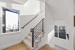 Staircase featuring wood finished floors and plenty of natural light
