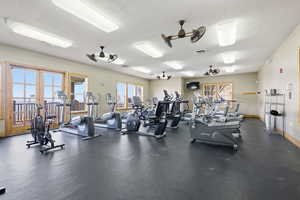 Gym with a textured ceiling