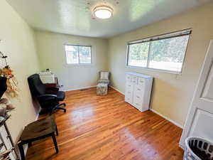 Living area with light wood-type flooring and a textured ceiling