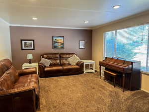 Living area featuring carpet, crown molding, and recessed lighting