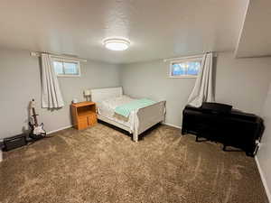 Carpeted bedroom with baseboards and a textured ceiling