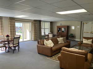 Living area with carpet floors, healthy amount of natural light, and a paneled ceiling