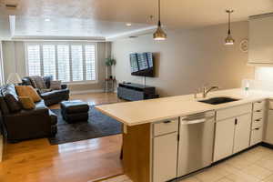 Kitchen featuring open floor plan, a peninsula, light countertops, dishwasher, and a tray ceiling