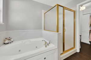 Bathroom with a stall shower and a whirlpool tub
