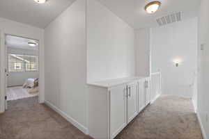 Second floor hallway featuring built in cabinetry and carpeted floors