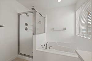 Detailed view of primary bathroom shower with dual shower heads and spacious soaker tub