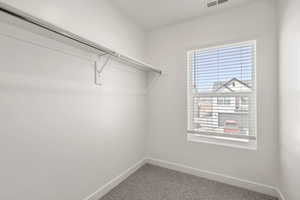 Walk in closet with light carpet