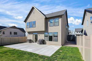 Back of house featuring a patio area, a fenced backyard, and stucco siding