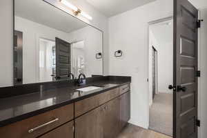 Bathroom featuring vanity and light wood-style floors