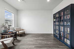Living area with dark wood-type flooring and recessed lighting
