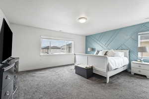 Carpeted bedroom with an accent wall and a textured ceiling
