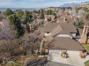 Aerial perspective of suburban area with a mountain backdrop