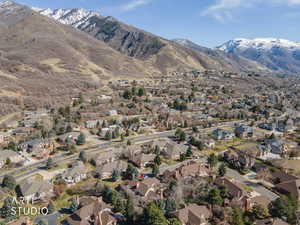 Aerial view of residential area with a mountainous background