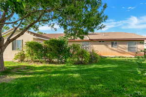 Back of property featuring a yard, stucco siding, and a tile roof