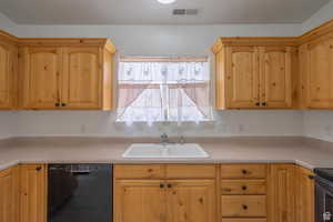 Kitchen with black dishwasher, light countertops, and light wood finish cabinets