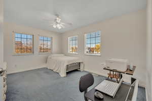 Bedroom featuring dark carpet, multiple windows, and ceiling fan